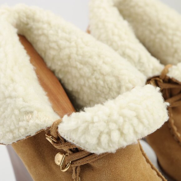 Michael Kors Womens Rory Boot Size 7.5 Tan Suede Wedge Heel Lace Up Sherpa Lined - Picture 2 of 12